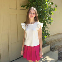 Girls White Textured Flutter Sleeve Top With Pleated Skirt Sets Sets