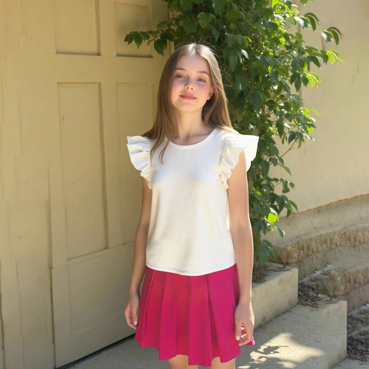 Girls White Textured Flutter Sleeve Top With Pleated Skirt Sets Sets