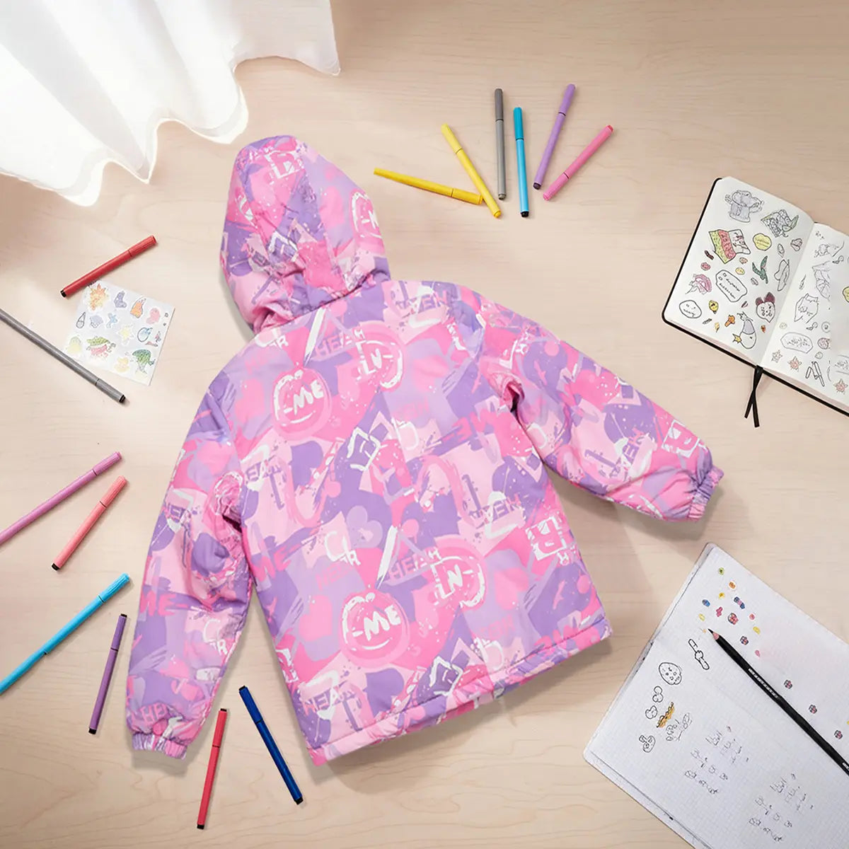 Girls Pink Abstract Printed Hooded Zipper Jacket Coats & Jackets