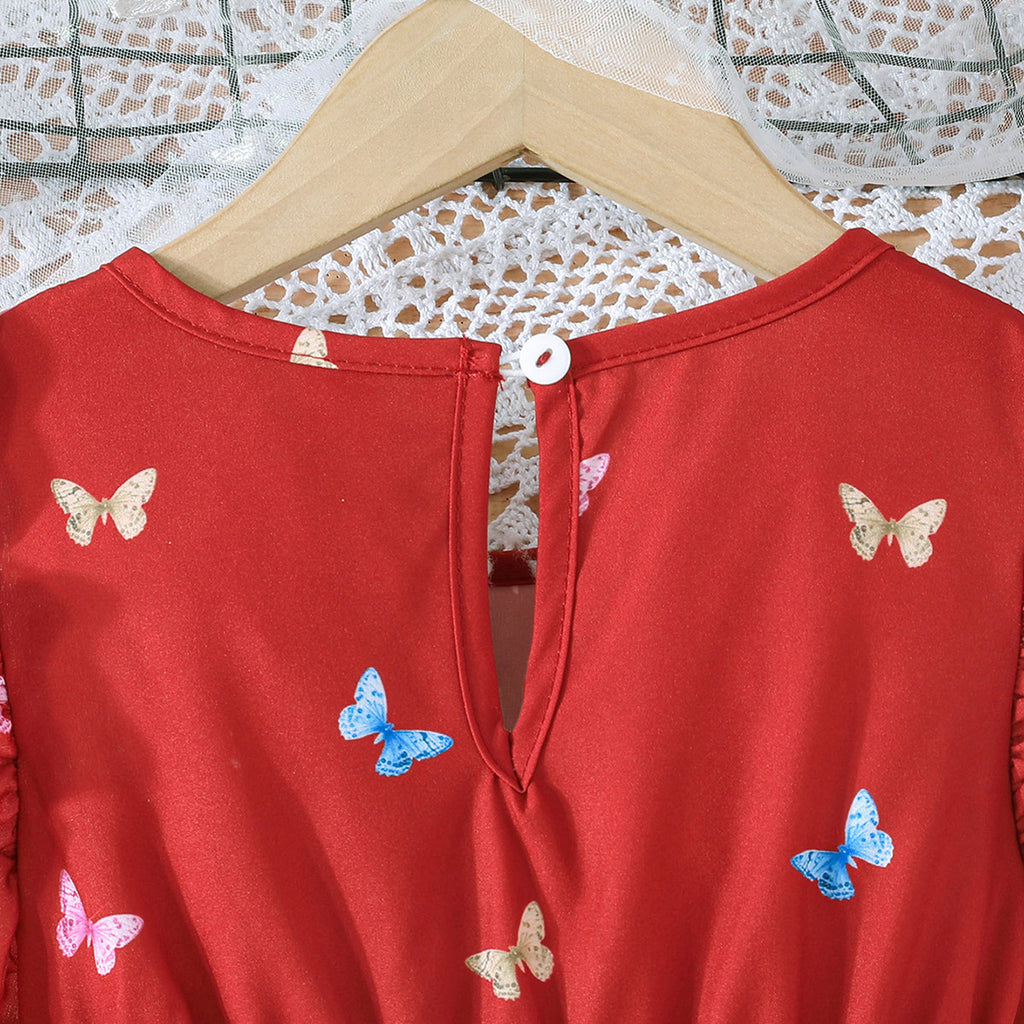 Girls Red Butterfly Printed Flutter Sleeves Dress Casual Dresses