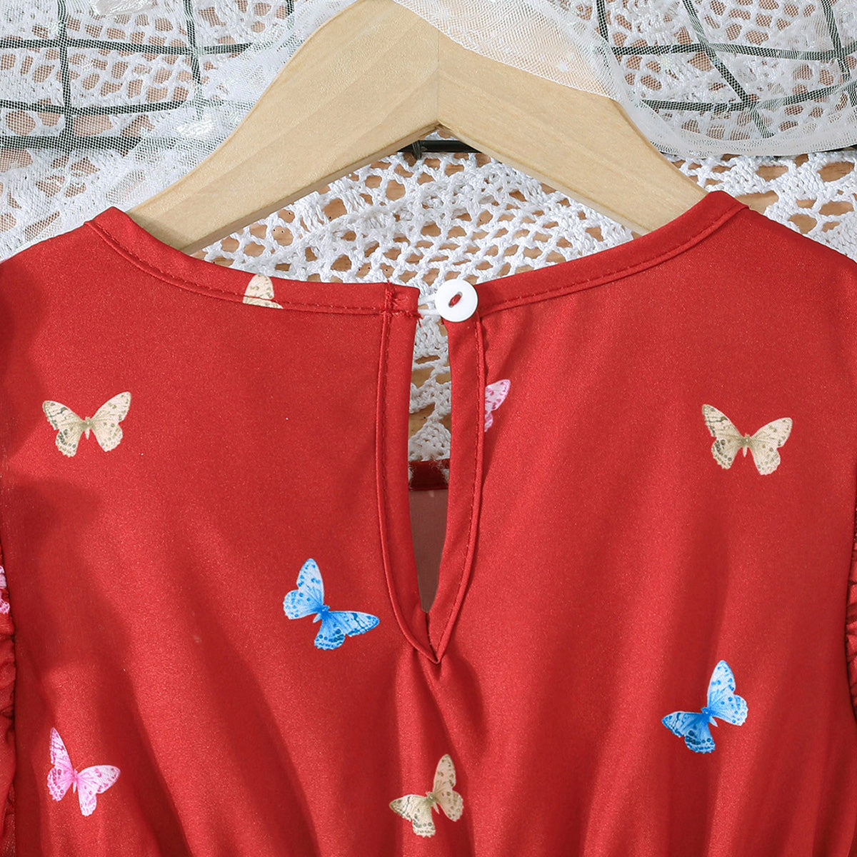 Girls Red Butterfly Printed Flutter Sleeves Dress Casual Dresses