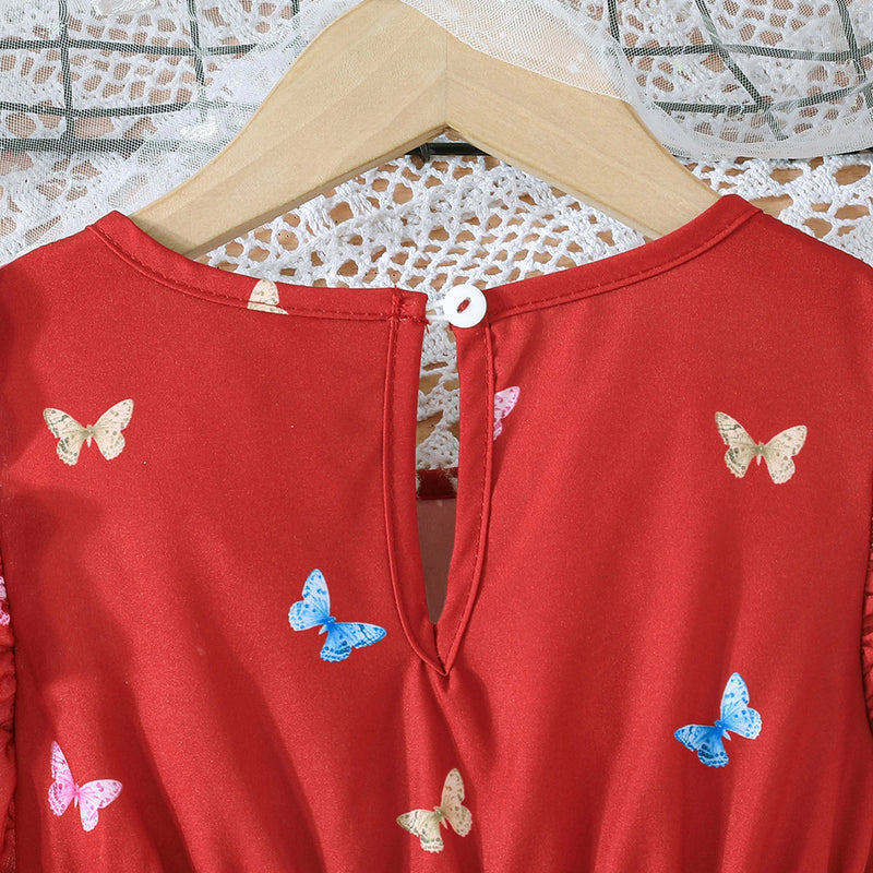 Girls Red Butterfly Printed Flutter Sleeves Dress Casual Dresses