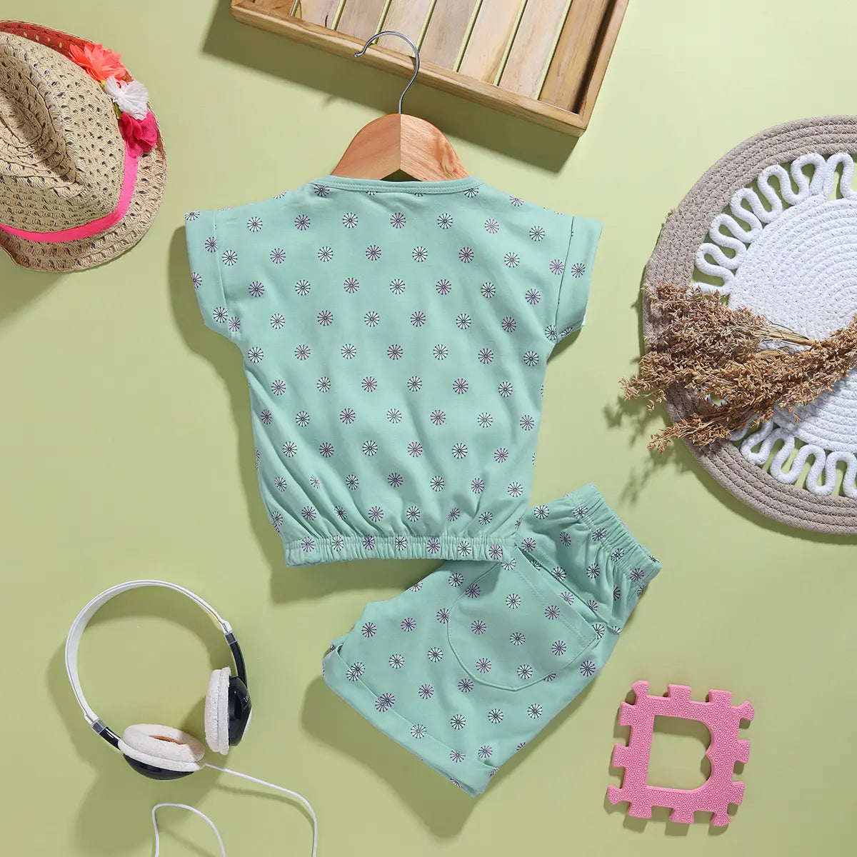Girls Sea Green Floral Printed Top With Shorts Co-ord Sets Sets