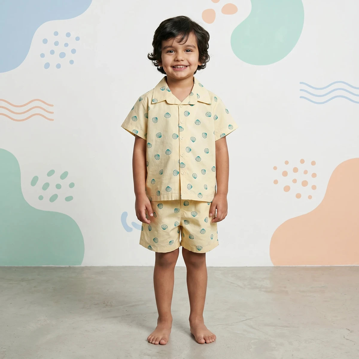 Boys Yellow Seashell Printed Short Sleeve Shirt With Printed Elasticated Shorts Set Sets Yellow 6-9 M