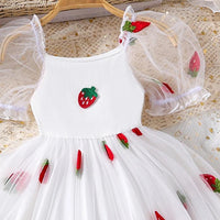 Girls White Strawberry Print Puff Sleeve Fit & Flare Dress Casual Dresses