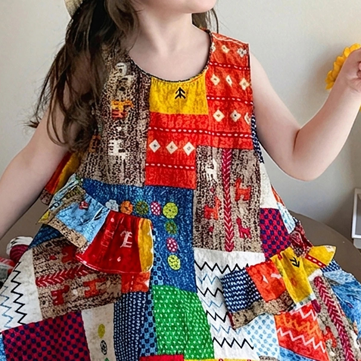 Girls Multicolour Patchwork Sleeveless Fit & Flare Dress Casual Dresses