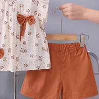 Girls Brown Floral Printed Round Neck Top With Elasticated Shorts Sets 2 pc. Sets