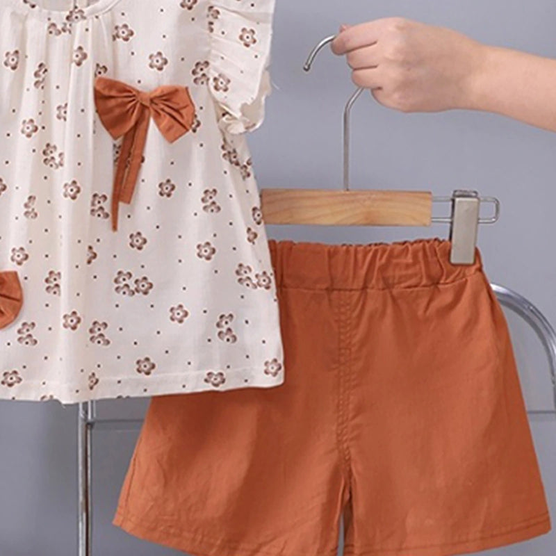 Girls Brown Floral Printed Round Neck Top With Elasticated Shorts Sets 2 pc. Sets