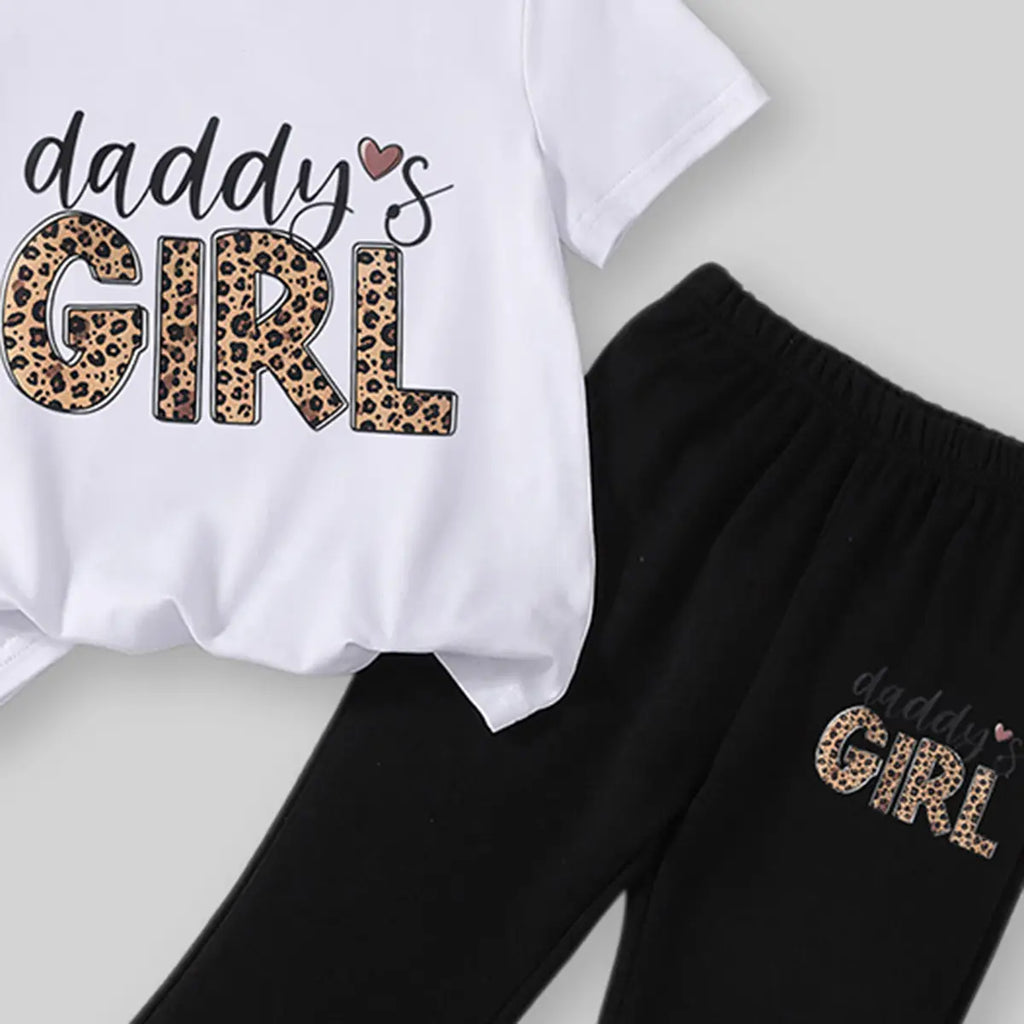 Girls White Daddys Girls Leopard Print T-Shirt With Flared Pants Sets Sets