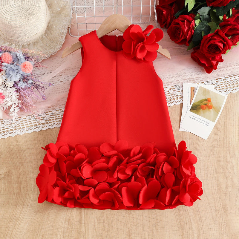 Girls Red Solid A-line Party Dress With Flower Appliques Party Dresses Red 2-3 Y