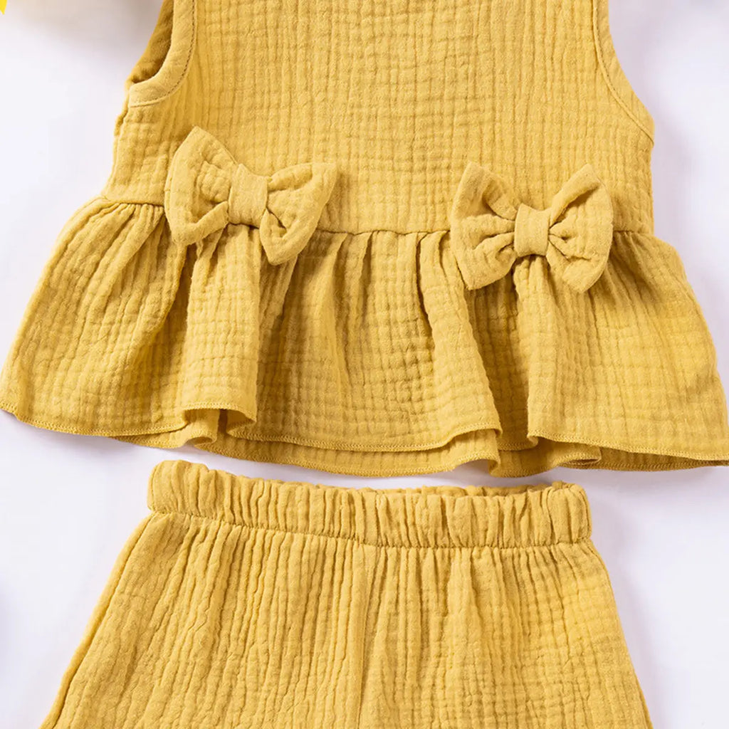 Girls Yellow Textured Bow Applique Peplum Top With Shorts Co-ord Sets Sets