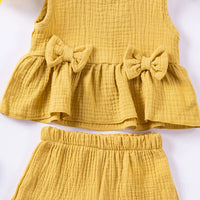 Girls Yellow Textured Bow Applique Peplum Top With Shorts Co-ord Sets Sets