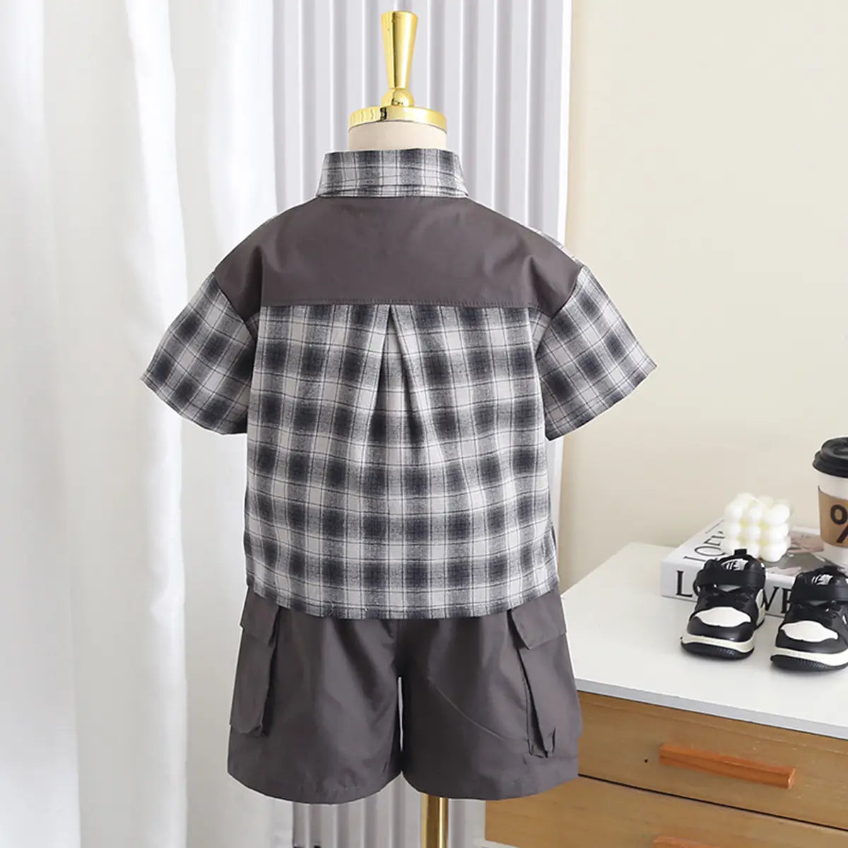 Boys Grey Checked Short Sleeve Shirt With Printed T-Shirt And Shorts Sets 3 pc. Sets