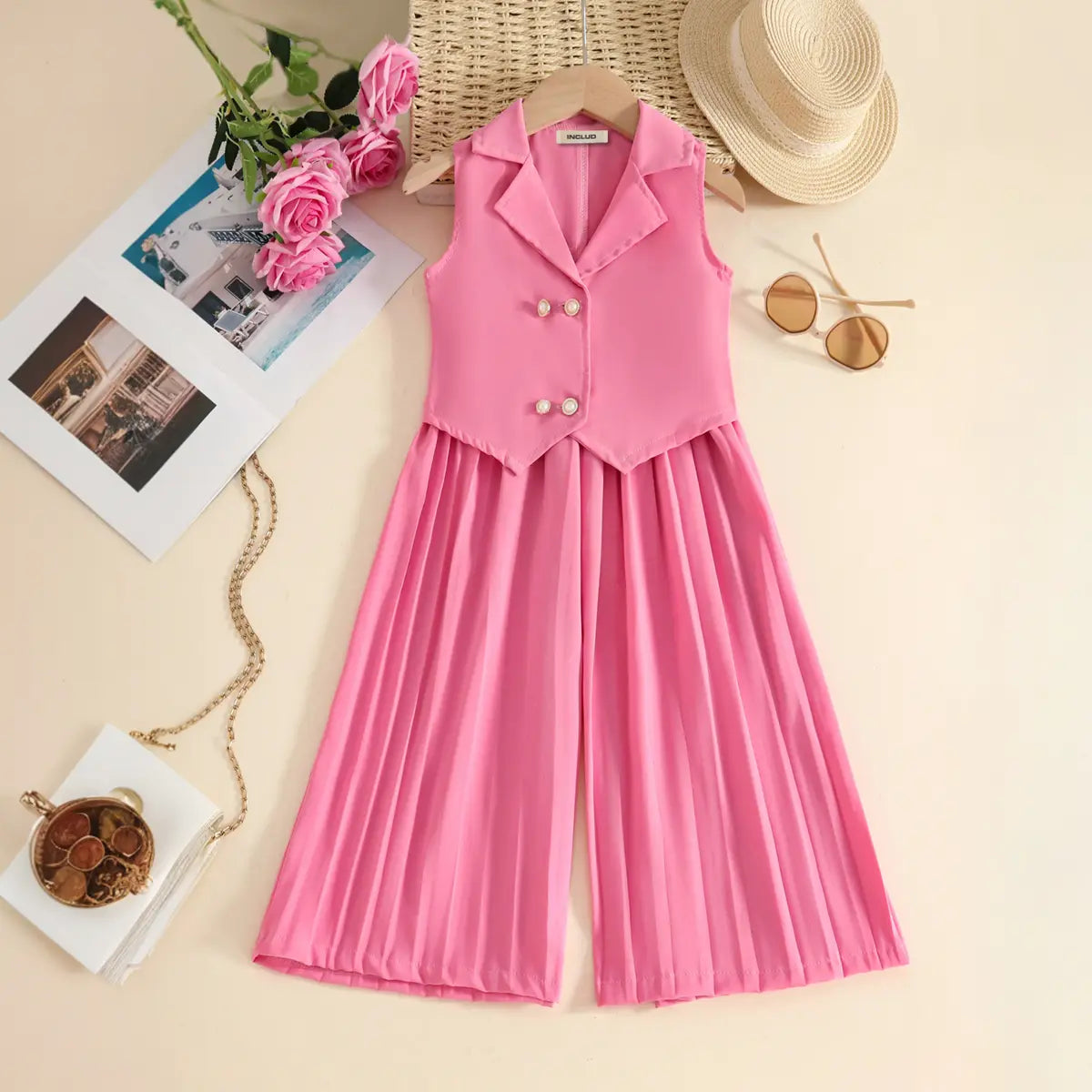 Girls Pink Sleeveless Vest With Pleated Flared Pants Set Sets Pink 2-3 Y