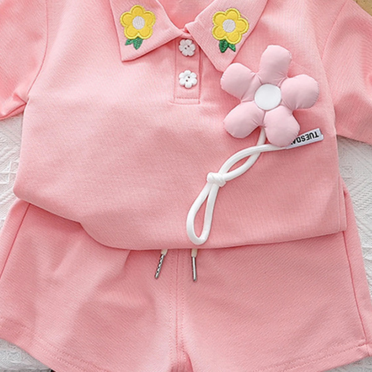 Girls Pink Floral Applique Short Sleeve Polo T-Shirt With Shorts Sets 2 pc. Sets