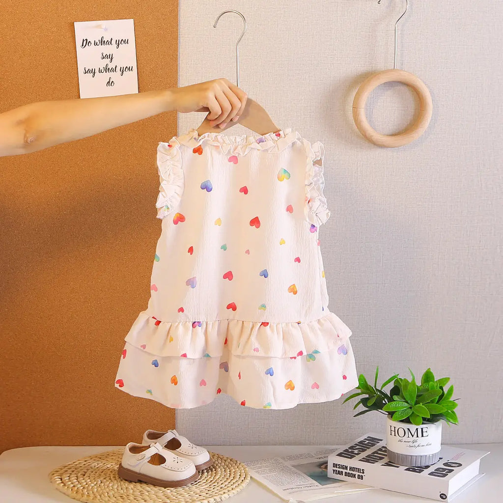 Girls White Heart Printed Sleeveless A-line Dress Casual Dresses