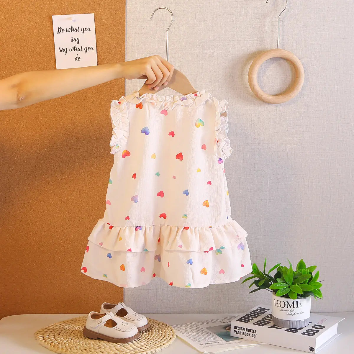 Girls White Heart Printed Sleeveless A-line Dress Casual Dresses
