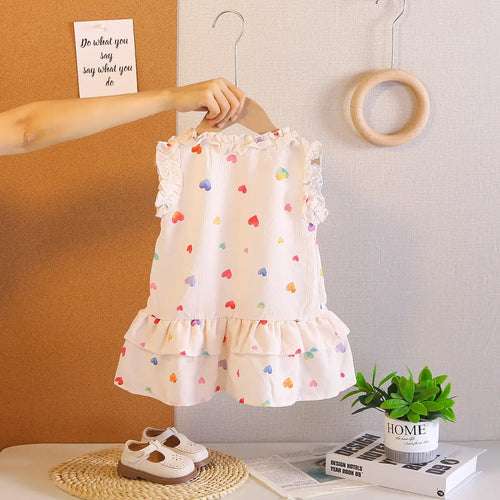 Girls White Heart Printed Sleeveless A-line Dress Casual Dresses