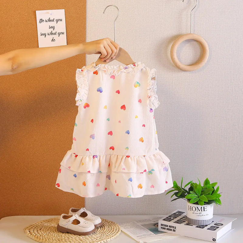 Girls White Heart Printed Sleeveless A-line Dress Casual Dresses