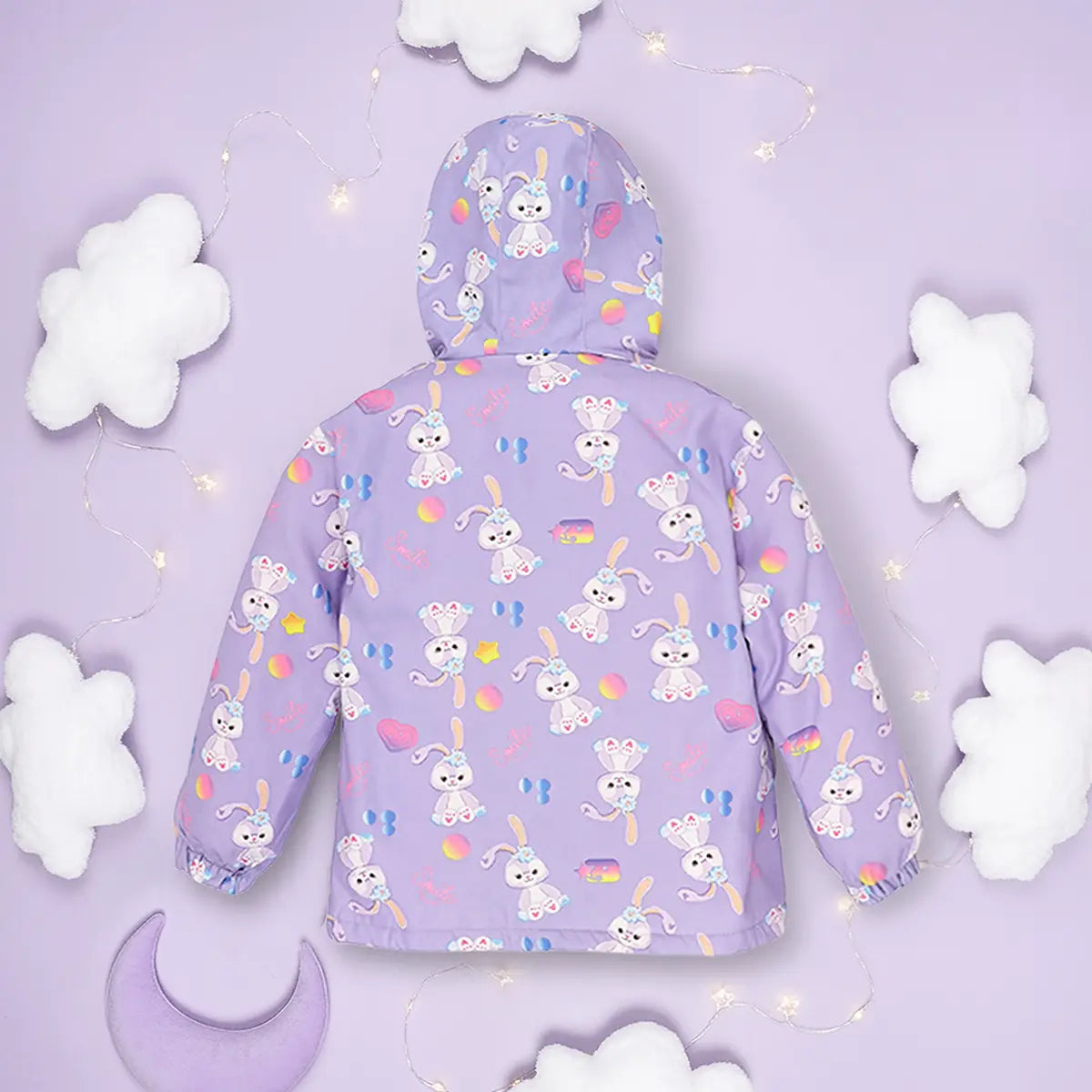 Girls Purple Rabbit Cartoon Printed Hooded Zipper Jacket Coats & Jackets