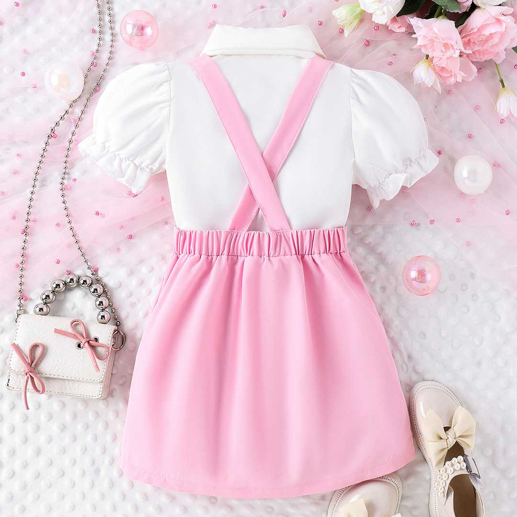 Girls Puff Sleeve Shirt With Bow & Suspender Skirt Set 2 pc. Sets   