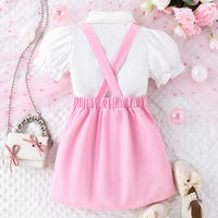 Girls Puff Sleeve Shirt With Bow & Suspender Skirt Set 2 pc. Sets   