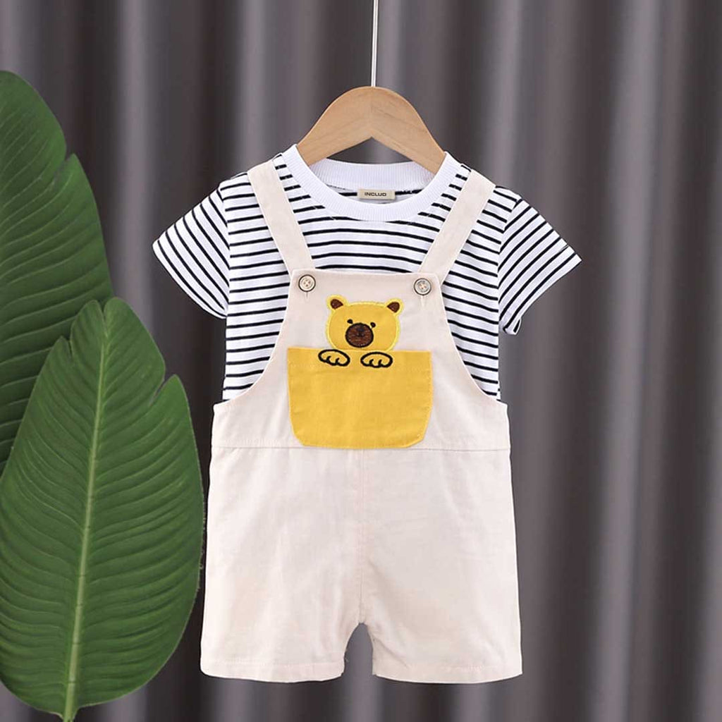 Boys Striped T-shirt with Patch Pocket Dungaree Set