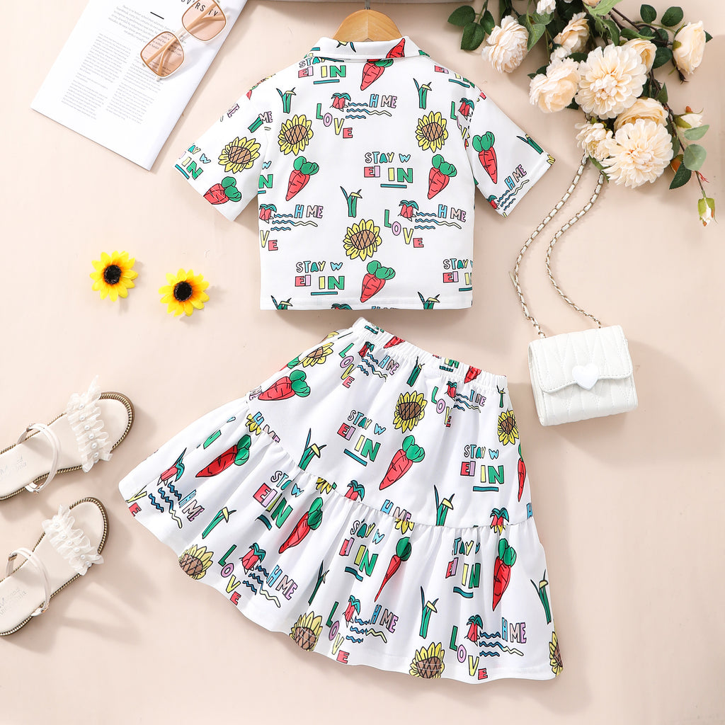 Girls White Printed Short Sleeve Shirt With Skirt Set 2 pc. Sets