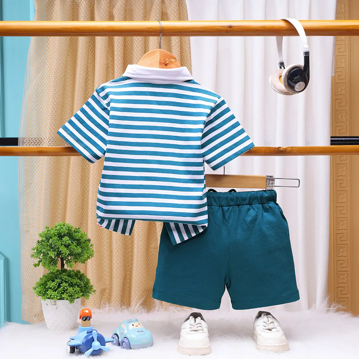 Boys Blue Striped Short Sleeve Polo T-Shirt With Shorts Sets 2 pc. Sets