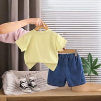 Boys Lime Yellow Dog Bus Print T-Shirt With Denim Shorts Sets Sets