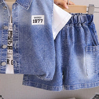 Boys Dark Blue Light Wash Denim Vest With Short Sleeve T-Shirt And Denim Shorts Sets 3 pc. Sets