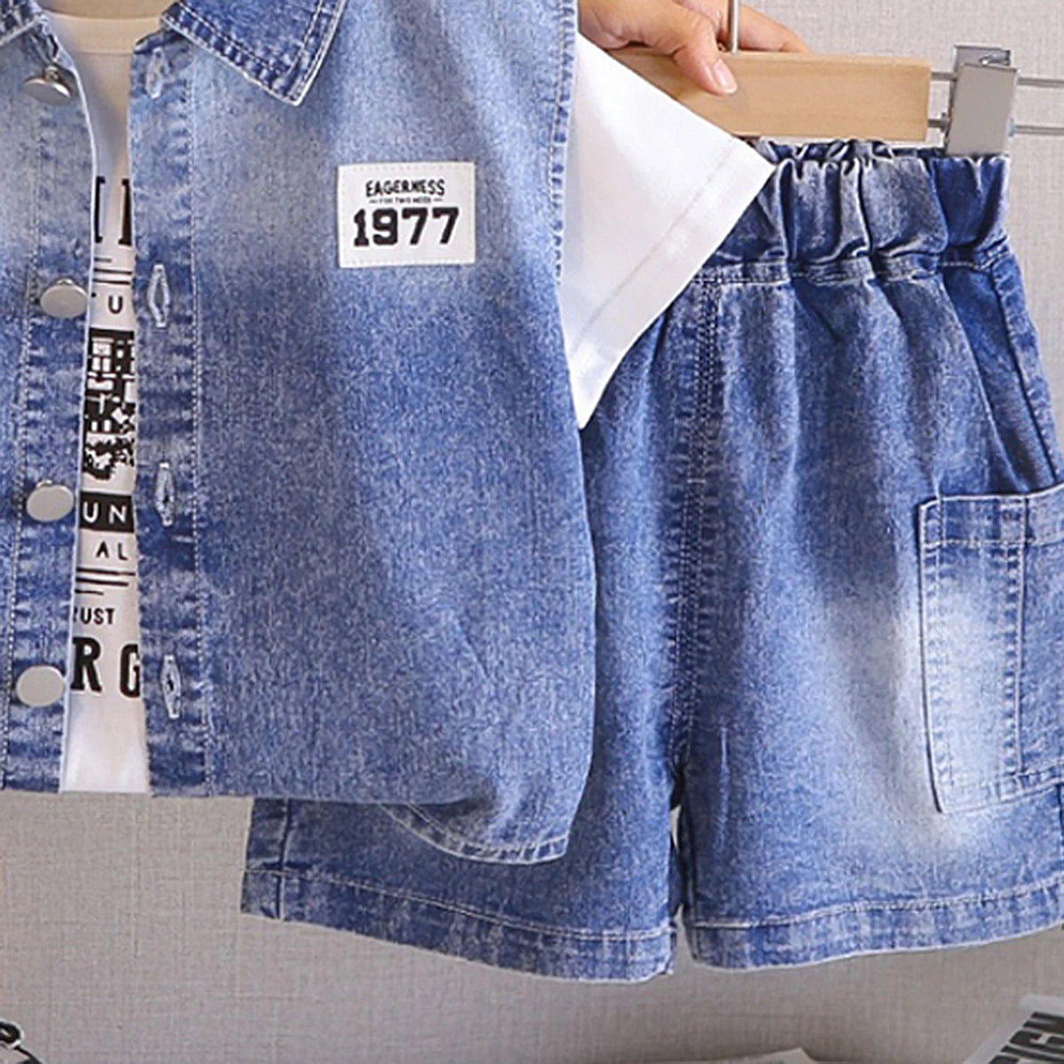 Boys Dark Blue Light Wash Denim Vest With Short Sleeve T-Shirt And Denim Shorts Sets 3 pc. Sets