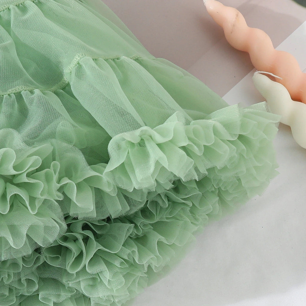 Girls 3D Flowers Applique Top With Green Tiered Tulle Skirts Set Sets