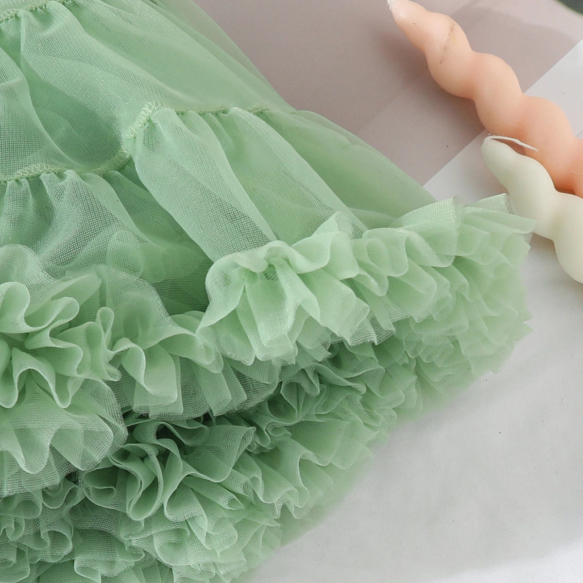 Girls 3D Flowers Applique Top With Green Tiered Tulle Skirts Set Sets