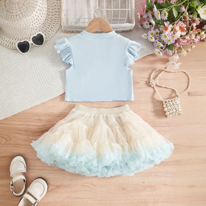 Girls Light Blue Pearl-Embellished Top With Tiered Tulle Tutu Skirt Sets Sets
