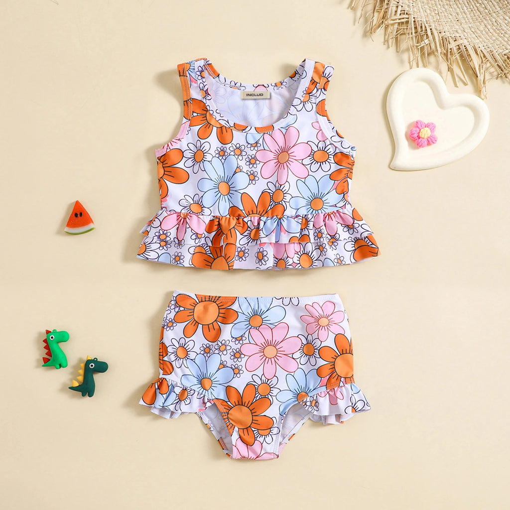 Girls Multicolor Floral Printed Peplum Top With Briefs Swimwear Sets Sets Multicolor 1-2 Y