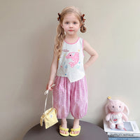 Girls Pink Dolphin Print Sleeveless Top With Checked Crop Pants Sets 2 pc. Sets Pink 1-2 Y