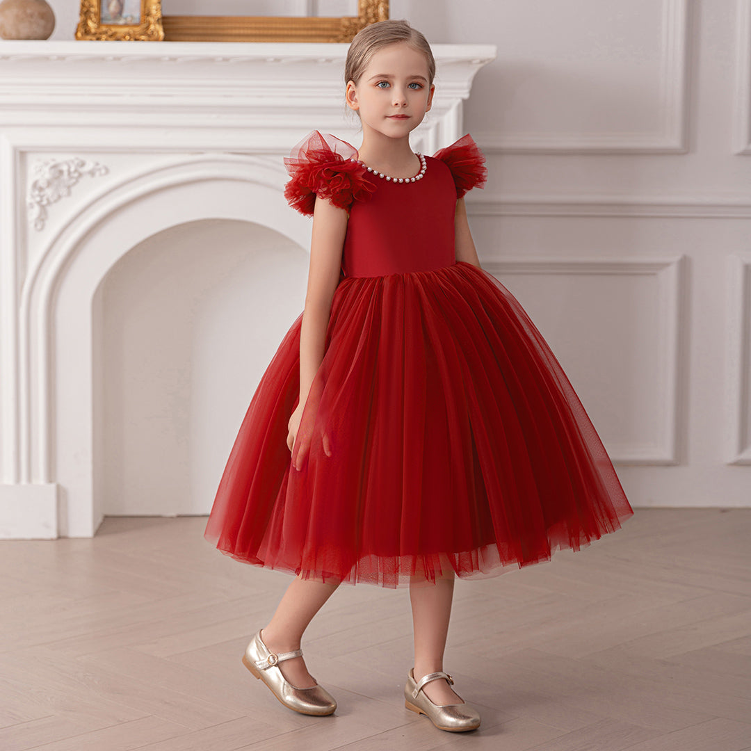 Girls Maroon Duchess Sateen Tulle Party Dress with Heart Back Party Dresses