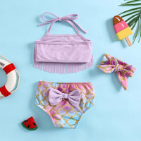 Girls Purple Halter Top With Mermaid Print Briefs & Headband Swimwear Sets Sets