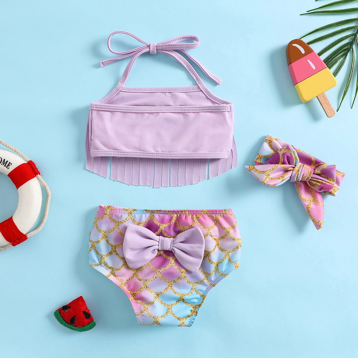 Girls Purple Halter Top With Mermaid Print Briefs & Headband Swimwear Sets Sets