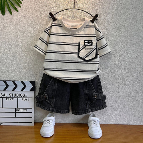 Boys Black Short Sleeve Striped T-Shirt With Denim Shorts Sets 2 pc. Sets Black 1-2 Y