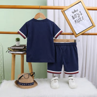 Boys Navy Typographic Short Sleeve T-Shirt With Drawstring Shorts Sets Sets