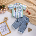 Girls Green Stripes Short Sleeve Shirt With Denim Capri Sets 2 pc. Sets Green 1-2 Y