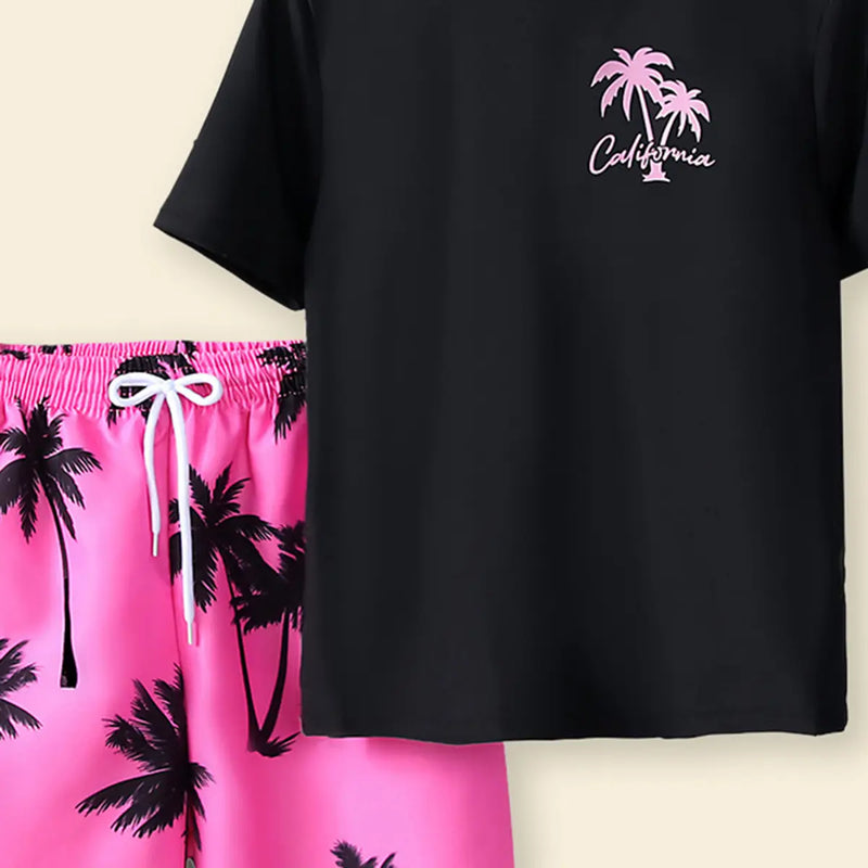 Boys Black Tropical Printed Short Sleeves T-Shirt & Shorts Swimsuit Sets Sets