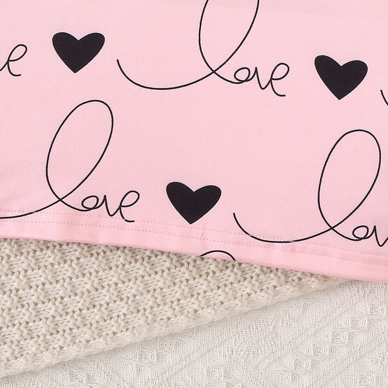 Girls Light Pink Heart Print Long Sleeves Top With Skirt Set 2 pc. Sets