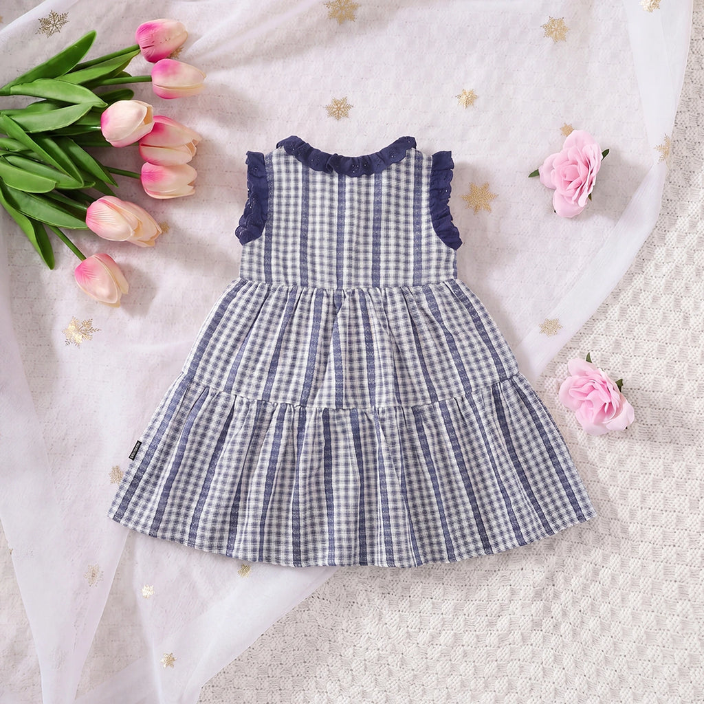 Girls Blue Checked Sleeveless Tiered Dress Casual Dresses