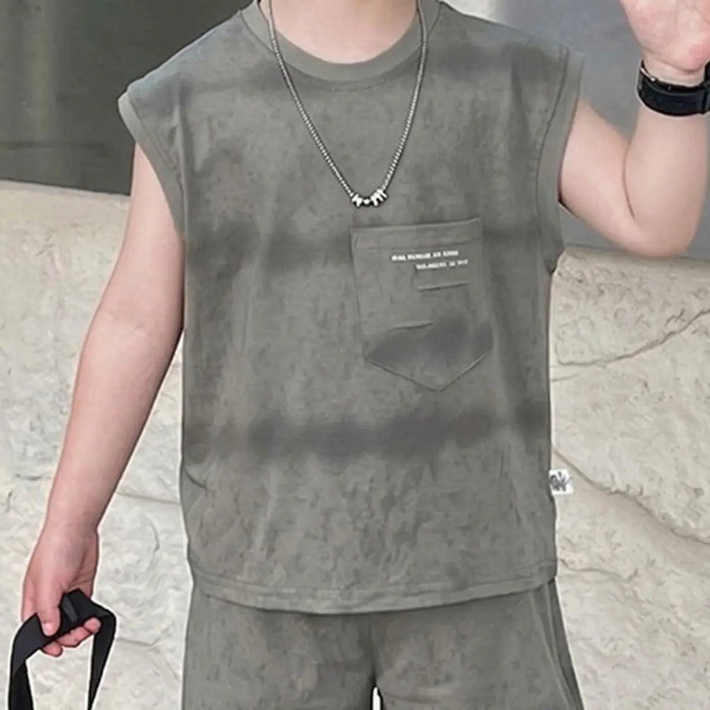 Boys Grey Tie Dye Print Sleeveless T-Shirt & Shorts Co-ord Sets Sets