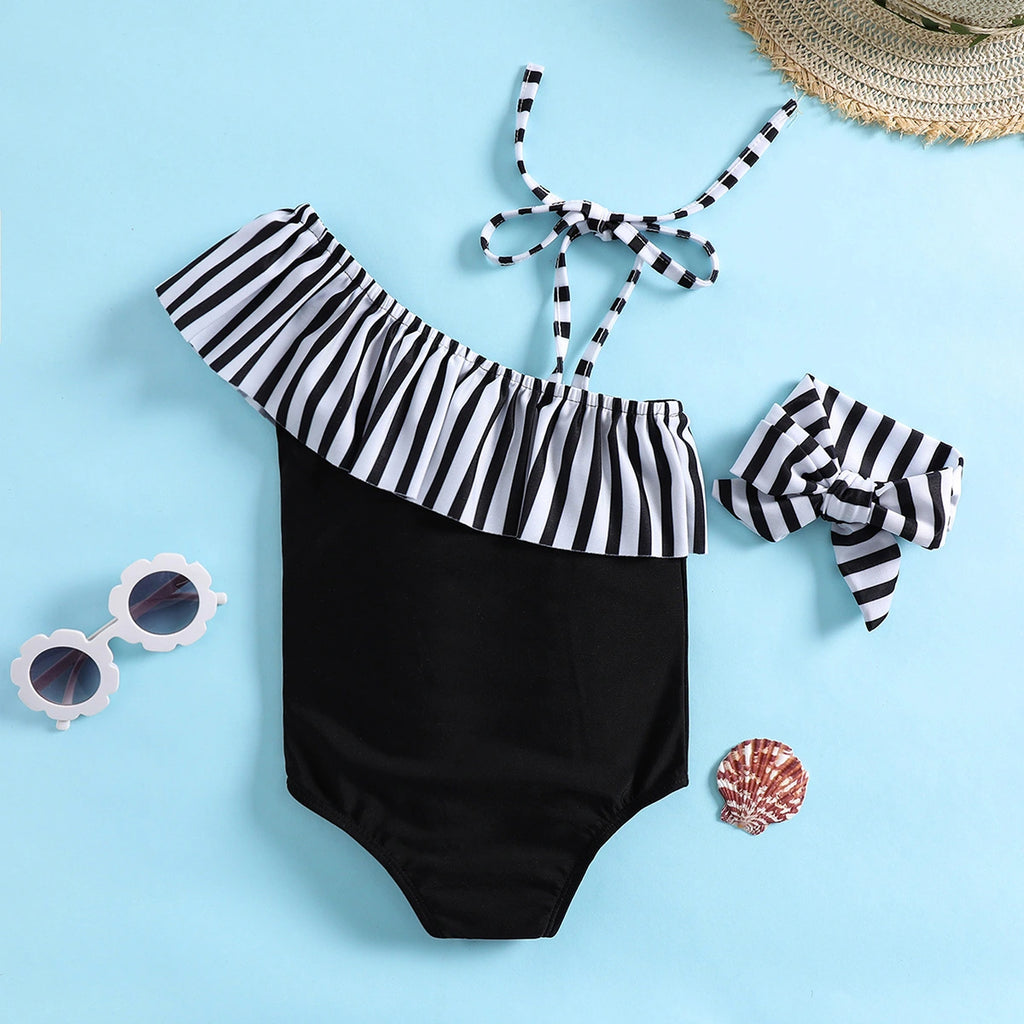 Girls Black One Shoulder Swimwear Bodysuit With Strips Ruffle & Hairband Beachwear