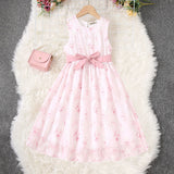 Girls Pink Flower Print Sleeveless Fit & Flare Dress