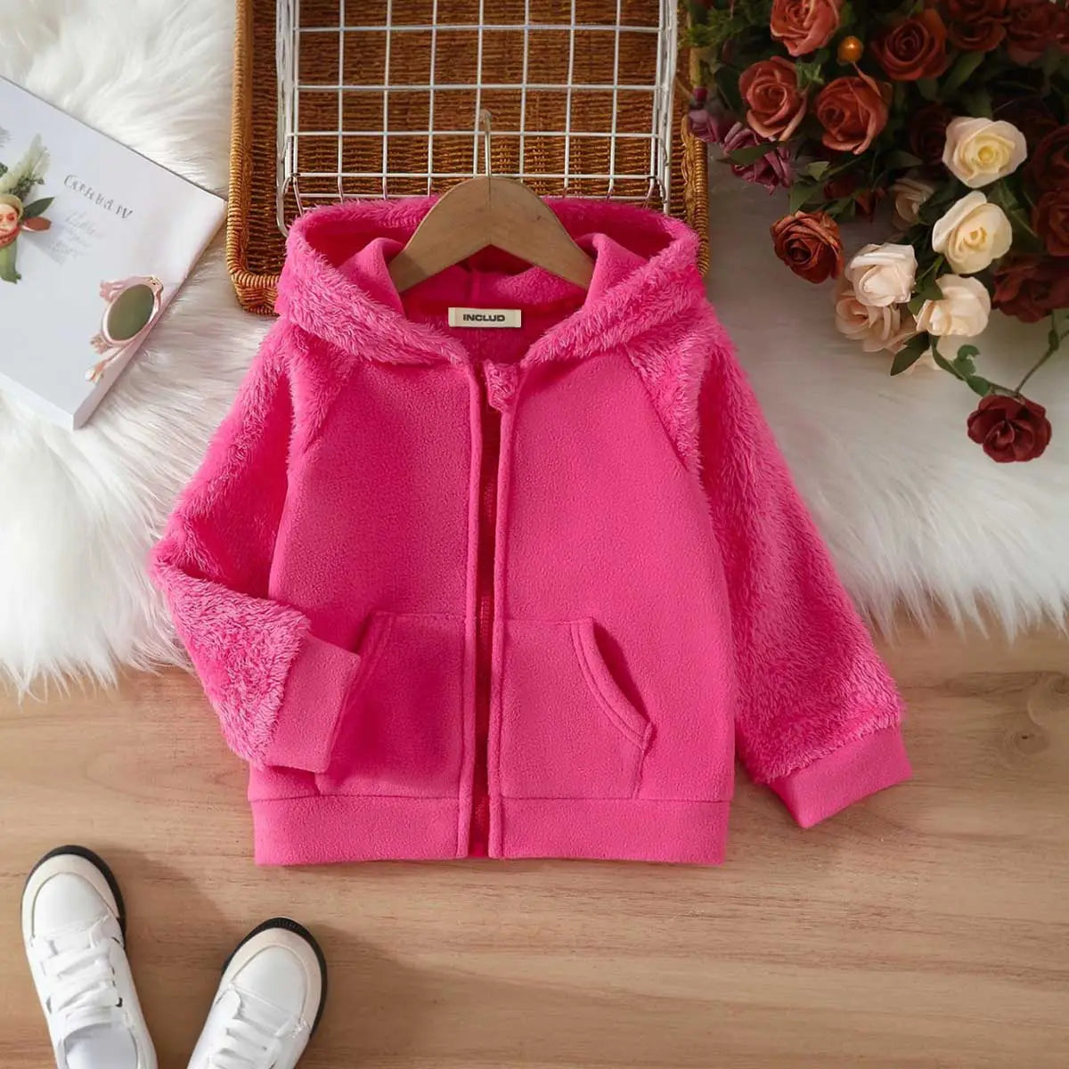 Girls Pink Fleece Hooded Zipper Jacket Coats & Jackets